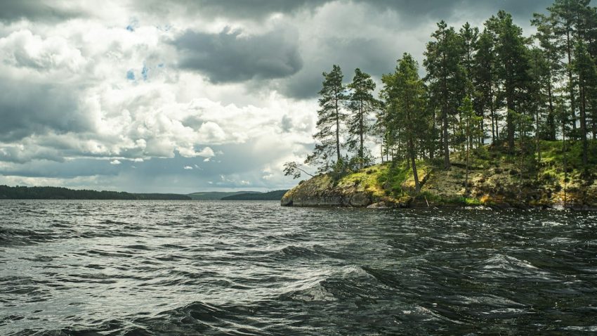 Dark clouds over a forested lake with rippling water